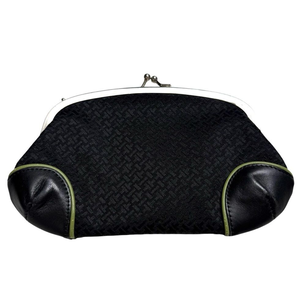 Talbots Black Fabric & Leather Kiss Lock Mini Clutch Green Piping